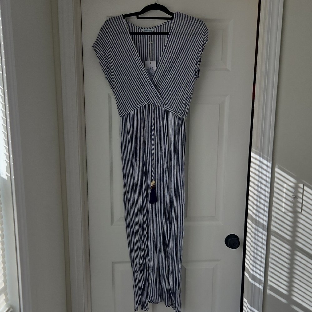 Blue Island Navy and White Striped Maxi Dress